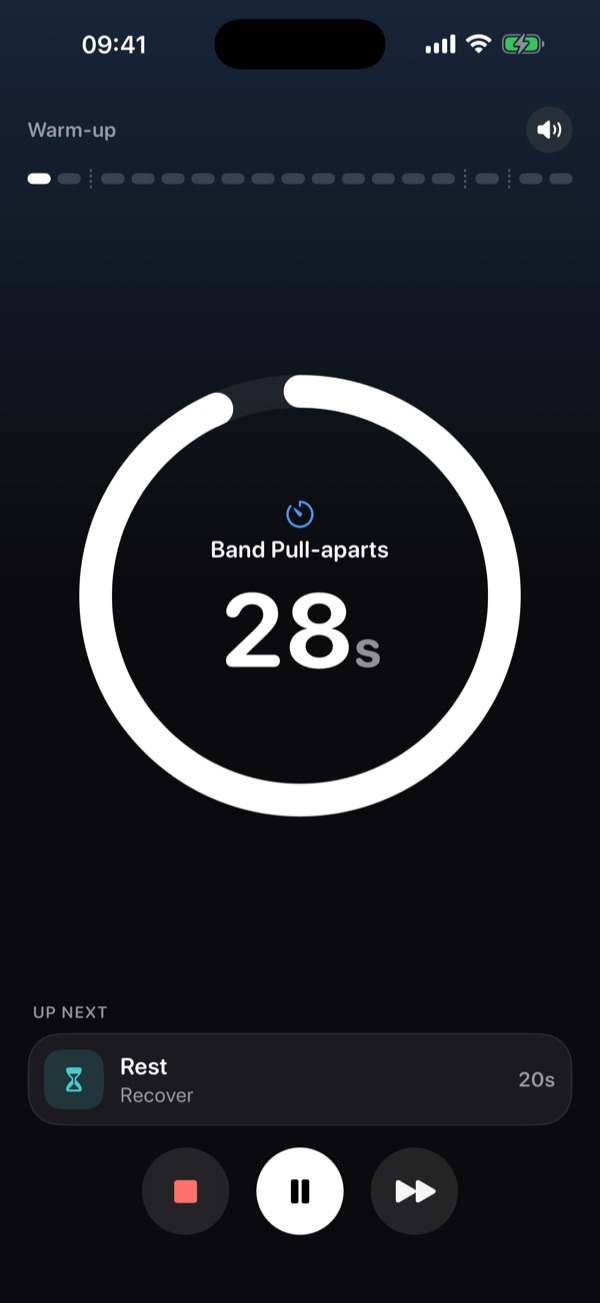 Hova guided workout player with a countdown timer